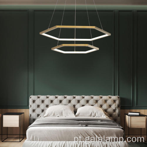 Lustre LED dourado hexagonal moderno e minimalista com 3 anéis